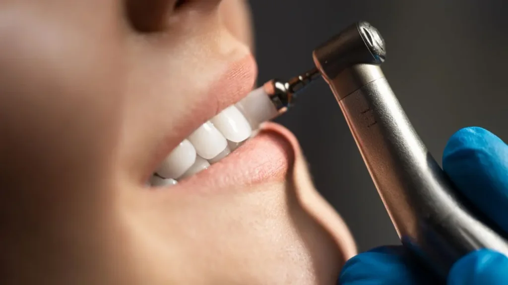 paciente passando por um procedimento de limpeza nos dentes no dentista