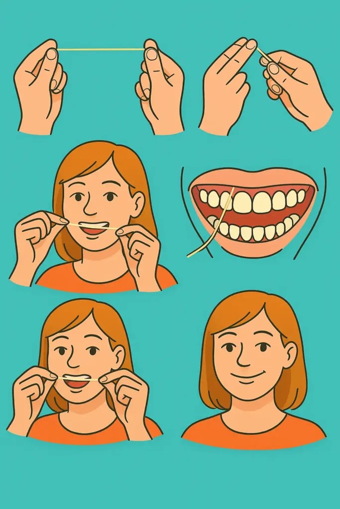 imagem ilustrativa mostrando como usar o fio dental do jeito certo