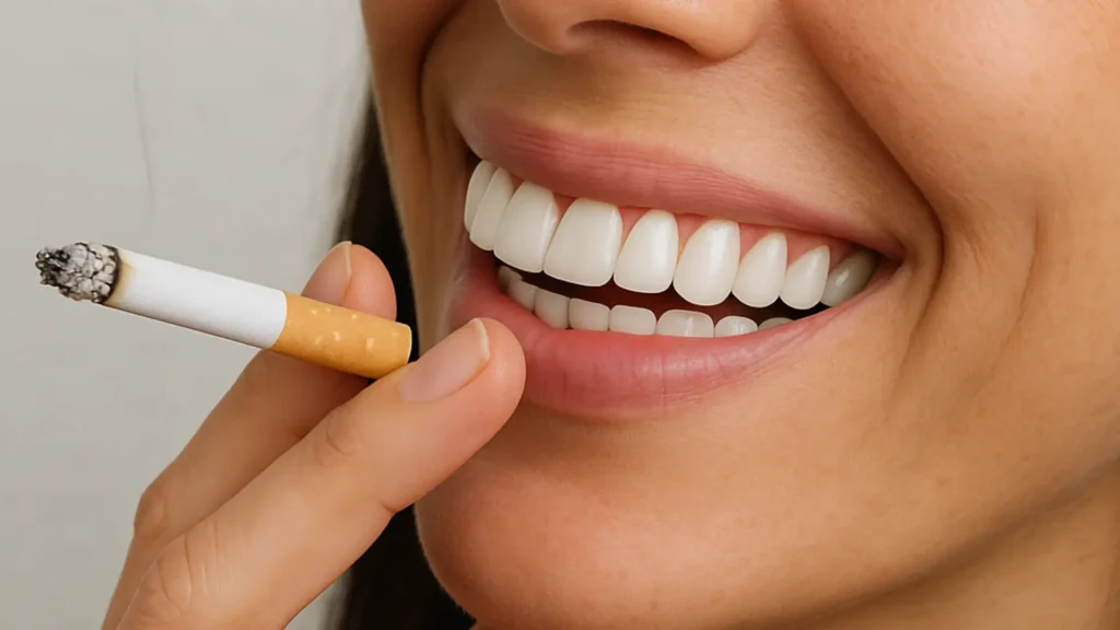 paciente segurando um cigarro após colocar facetas de resina nos dentes