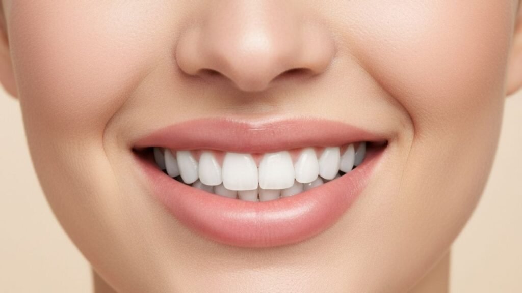 sorriso branco de uma paciente que sabe como cuidar das suas facetas de resina