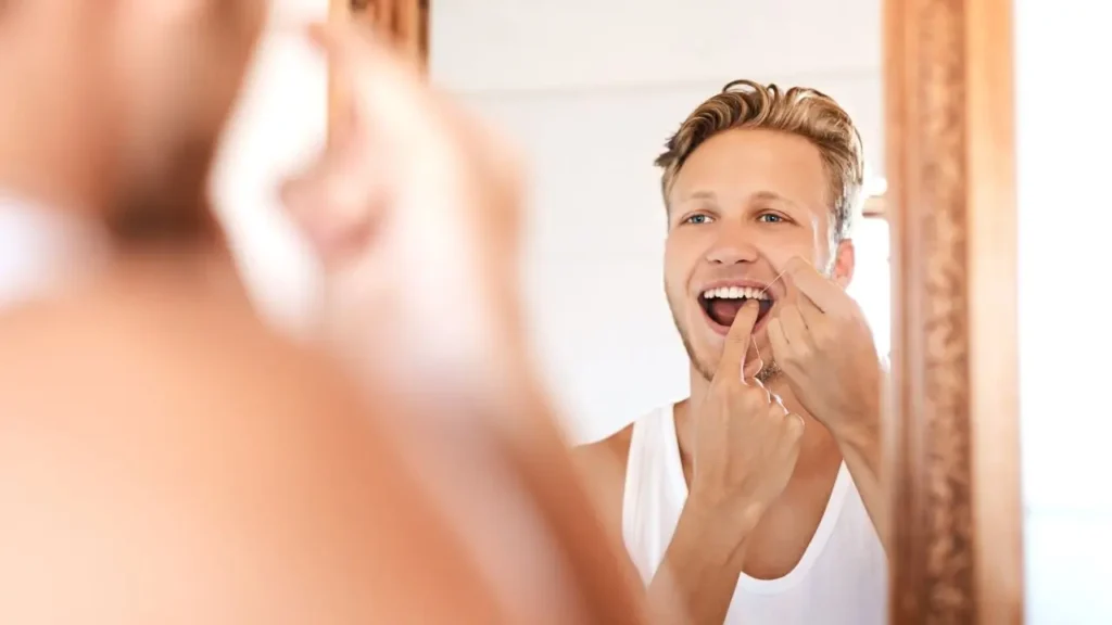 pessoa passando fio dental nos dentes após ter comido o morango do amor