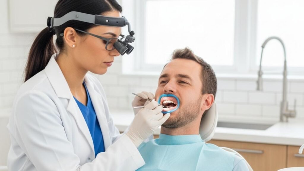 pessoa no dentista sendo avaliada por ela logo após informar problemas de sensibilidade nos dentes