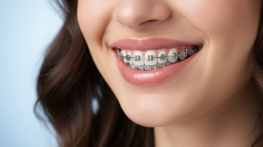 boca de uma pessoa utilizando um dos mais usados tipos de aparelho dentário