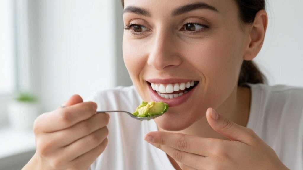 pessoa que colocou facetas de resina começando a comer alguns alimentos