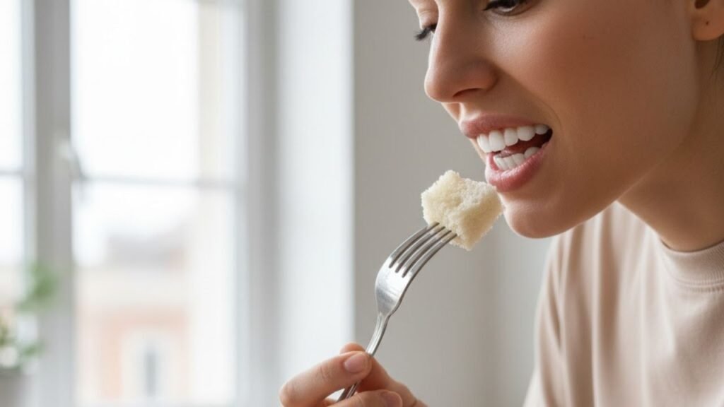 paciente se alimentando após ter passado por um processo de colocar facetas de resina nos dentes