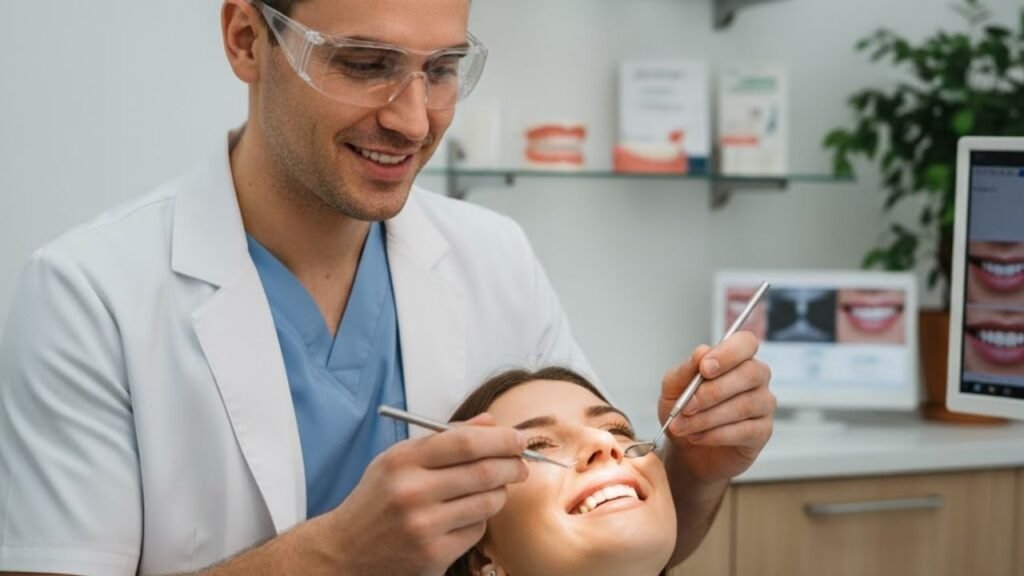 dentista realizando um procedimento em uma paciente que escolher um dentista especializado em estética dental