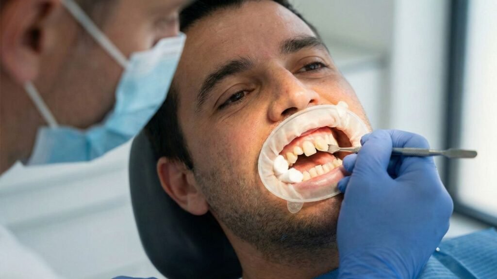 dentista fazendo uma análise dos dentes tortos de um paciente que irá colocar faceta de resina
