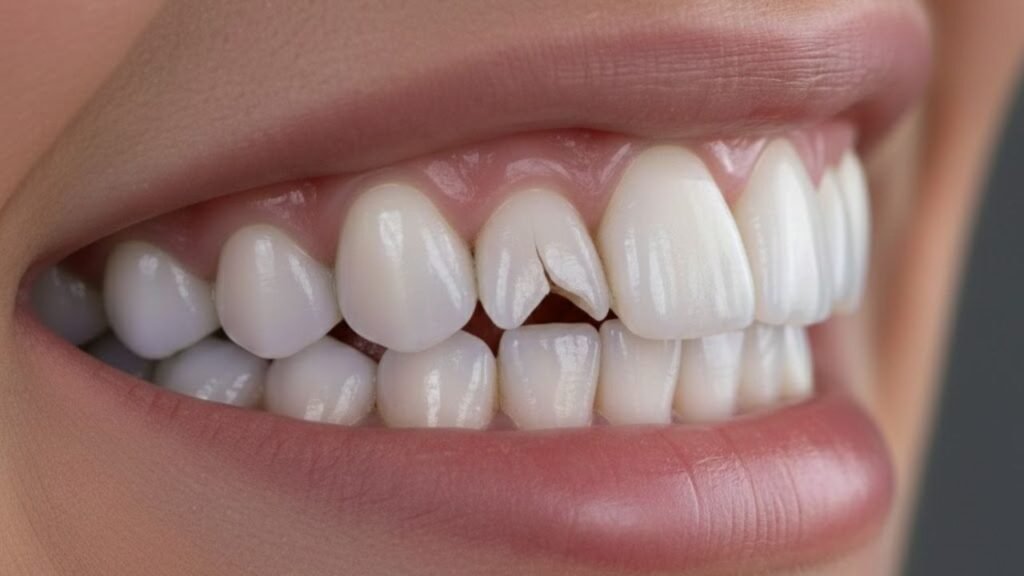 faceta de resina mal feita que ocasionou na rachadura seguida de uma quebra no dente do paciente