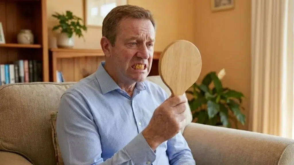 paciente sentado no sofá da sua casa e olhando no espelho os seus dentes amarelados