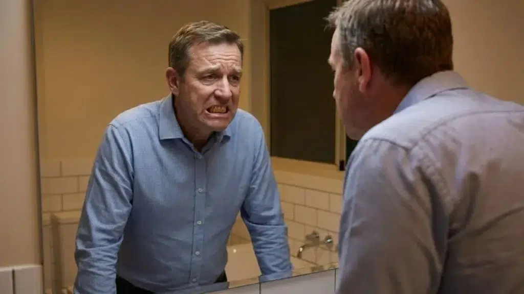 paciente olhando no espelho e ficando bem incomodado com os seus dentes amarelados