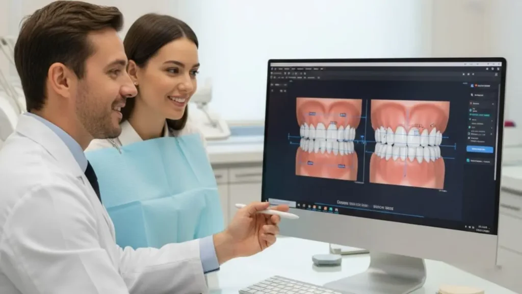 dentista e o paciente olhando o planejamento que foi feito antes de colocar facetas de resina nos dentes