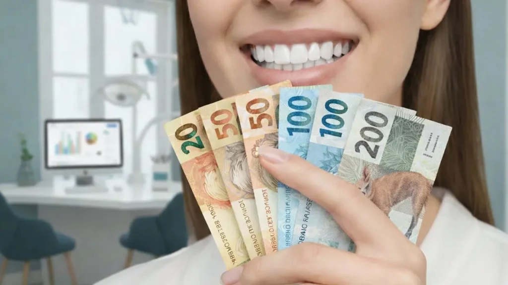 paciente com os dentes com facetas de resina e com notas de dinheiro na mão