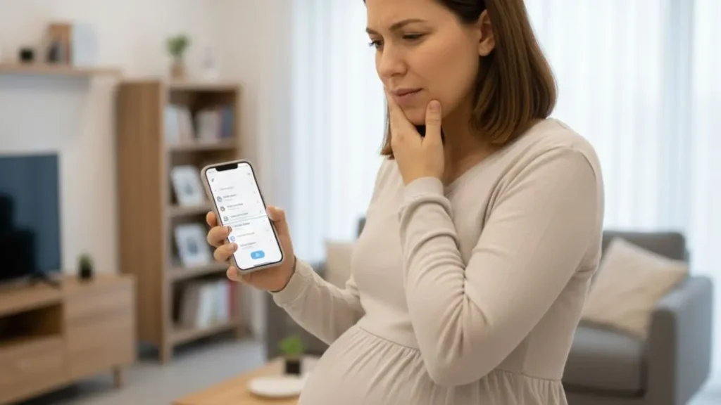 mulher gravida sentindo muita dor de dente e com celular na mão se preparando para marcar uma consulta com um dentista em camaçari