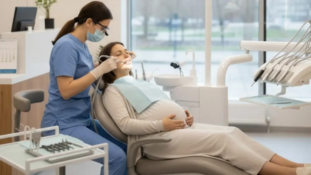 mulher gravida deitada na cadeira de um dentista e passando por um simples procedimento odontológico