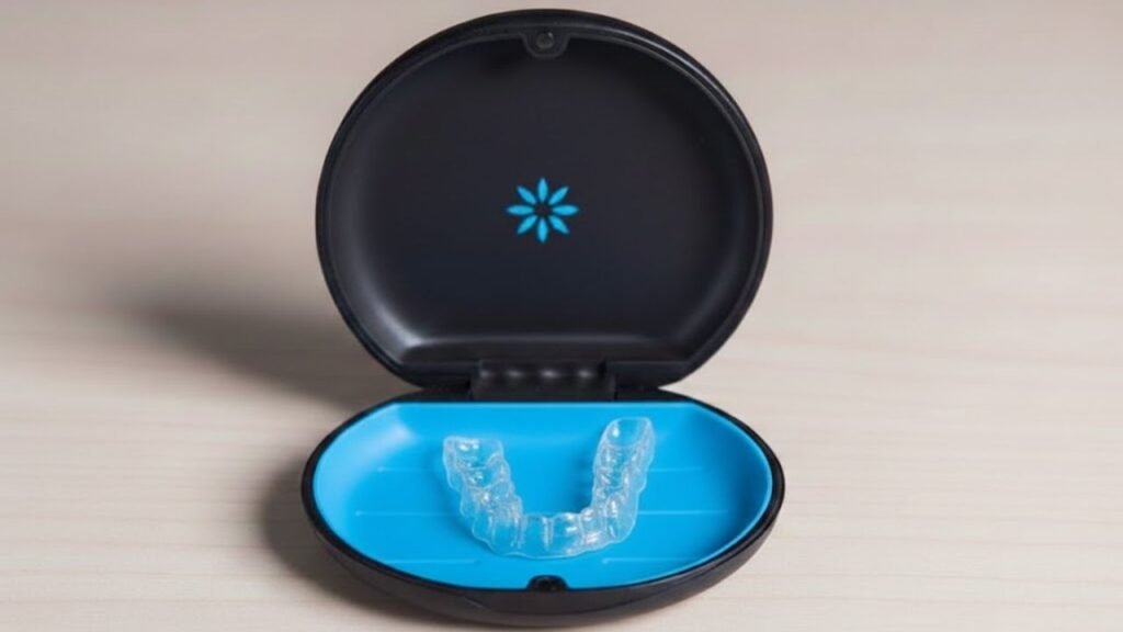 invisalign dentro de uma caixinha e sob a mesa de uma clinica odontológica em camaçari