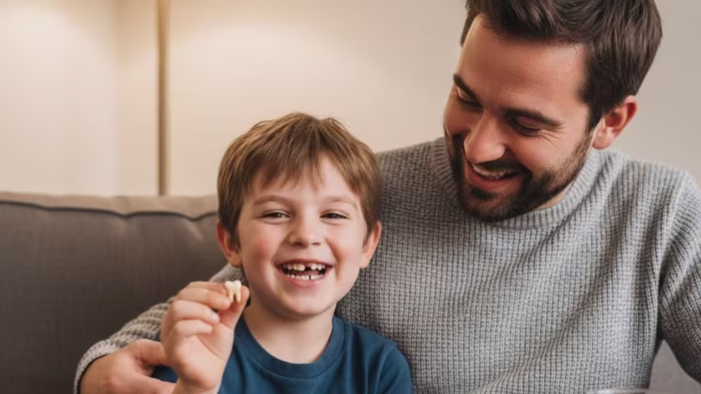filho segurando o seu dente de leite que foi arrancado de forma correta e o seu pai sorrindo com o sucesso