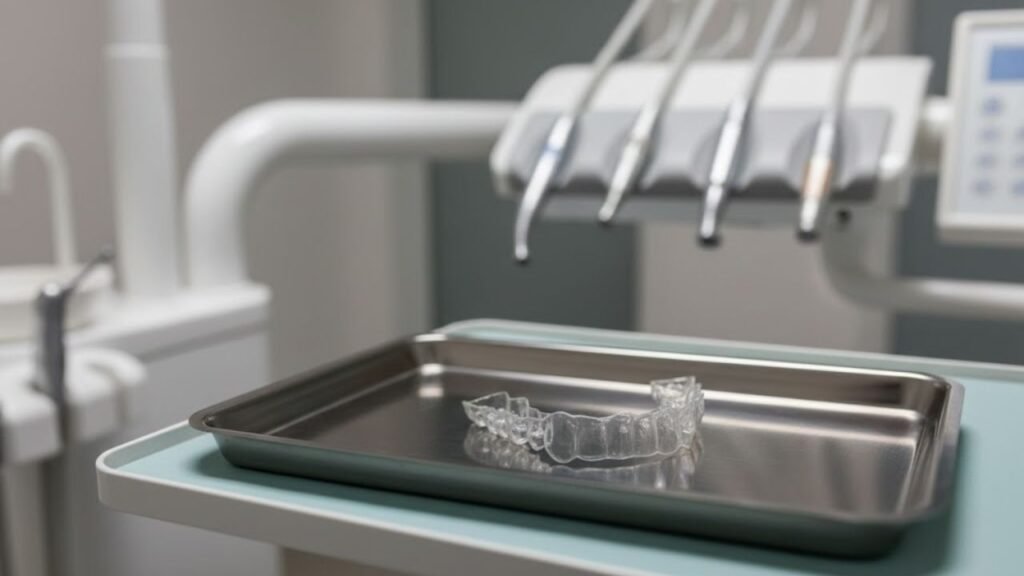 invisalign sob uma mesa odontológica prestes a ser inserido nos dentes de um paciente