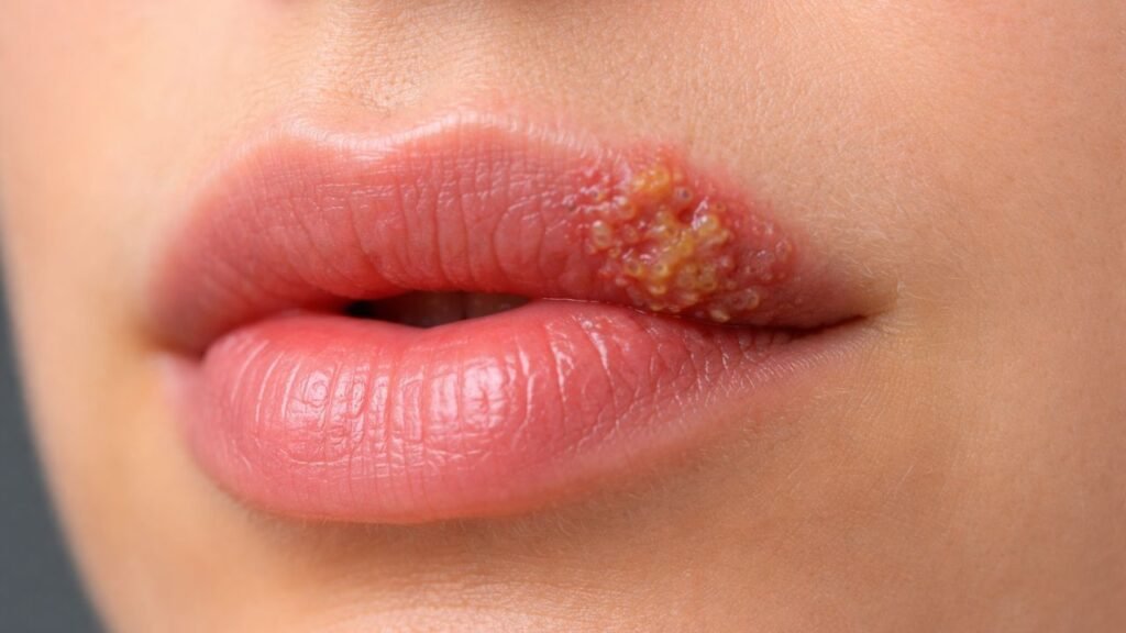 lábios de uma paciente com problemas de herpes labial