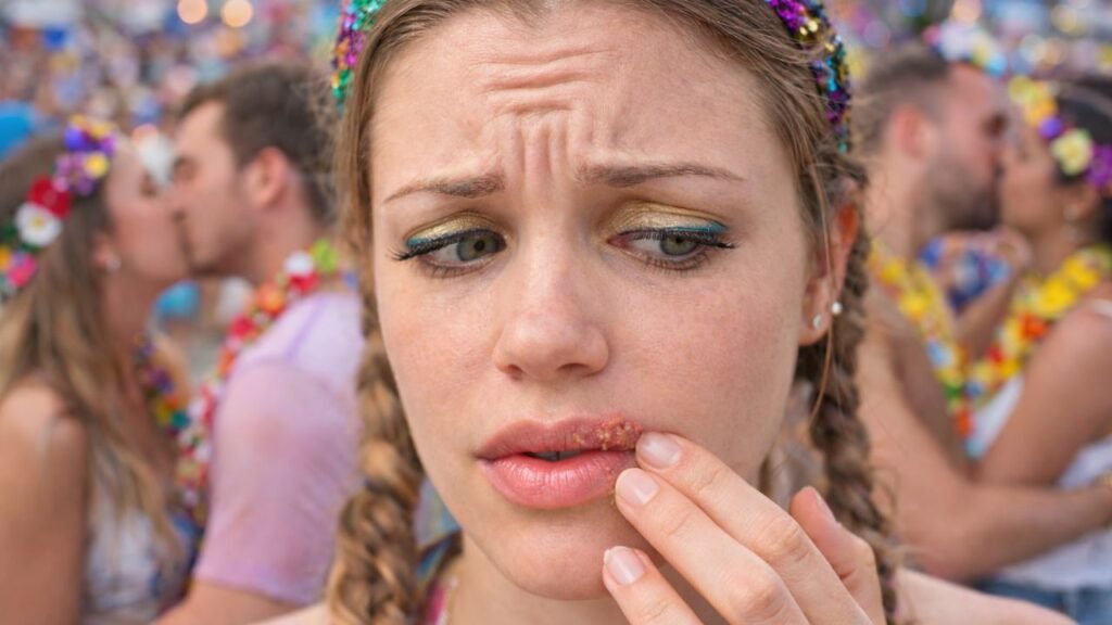 pessoa preocupada pois foi no carnaval e depois pegou herpes labial