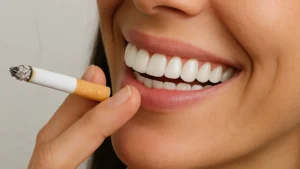 paciente segurando um cigarro após colocar facetas de resina nos dentes