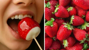pessoa mordendo um morango do amor com os dentes da frente