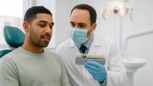 dentista mostrando para o paciente alguns dos principais tons de cor das facetas de resina