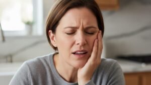 pessoa com a mão na boca após sentir sensibilidade nos seus dentes logo após colocar facetas de resina