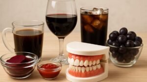 arcada dentária ao lado de vários dos alimentos e bebidas que mancham os dentes