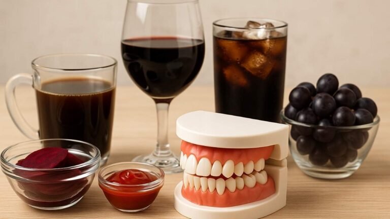 arcada dentária ao lado de vários dos alimentos e bebidas que mancham os dentes
