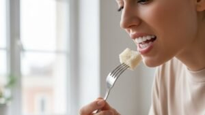 paciente se alimentando após ter passado por um processo de colocar facetas de resina nos dentes