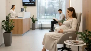 mulher gravida sentada, mexendo no celular e aguardando atendimento odontológico