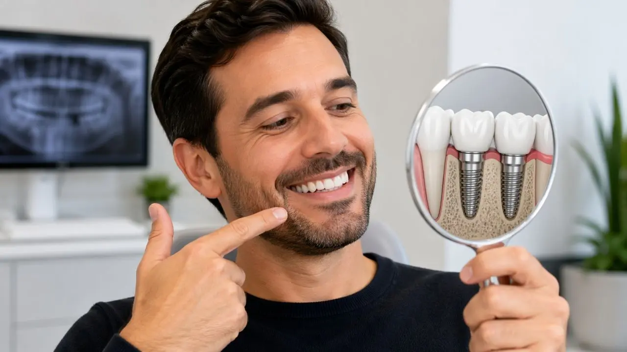 paciente olhando pelo espelho os seus implantes dentários que foram colocado nos dentes