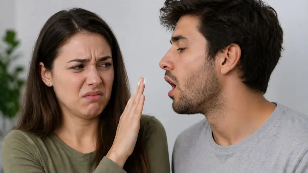 pessoa com a cara feia e tampando a boca de uma outra pessoa que está ao seu lado e tem mau hálito