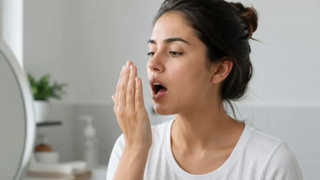 mulher com as mãos fazendo o teste para saber se está com mau hálito