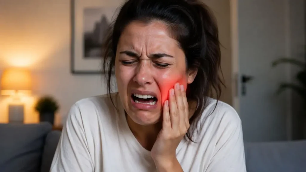 paciente com as mãos na bochecha sentindo uma dor de dente insuportável