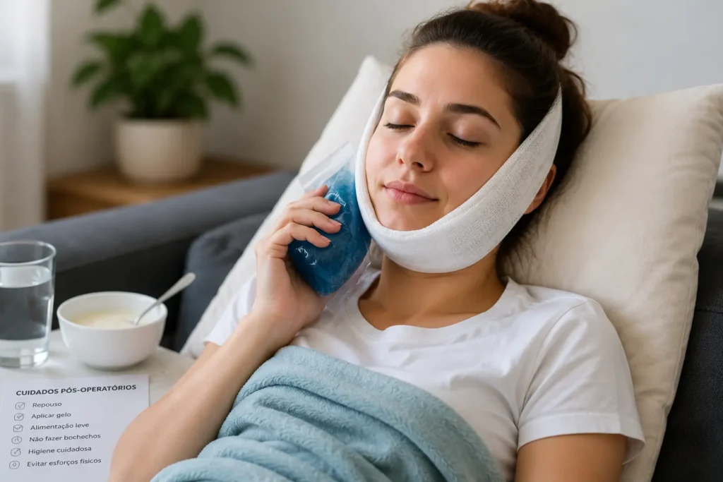 paciente deitada na cama e com uma compressa no rosto se recuperando de uma cirurgia de dente do siso