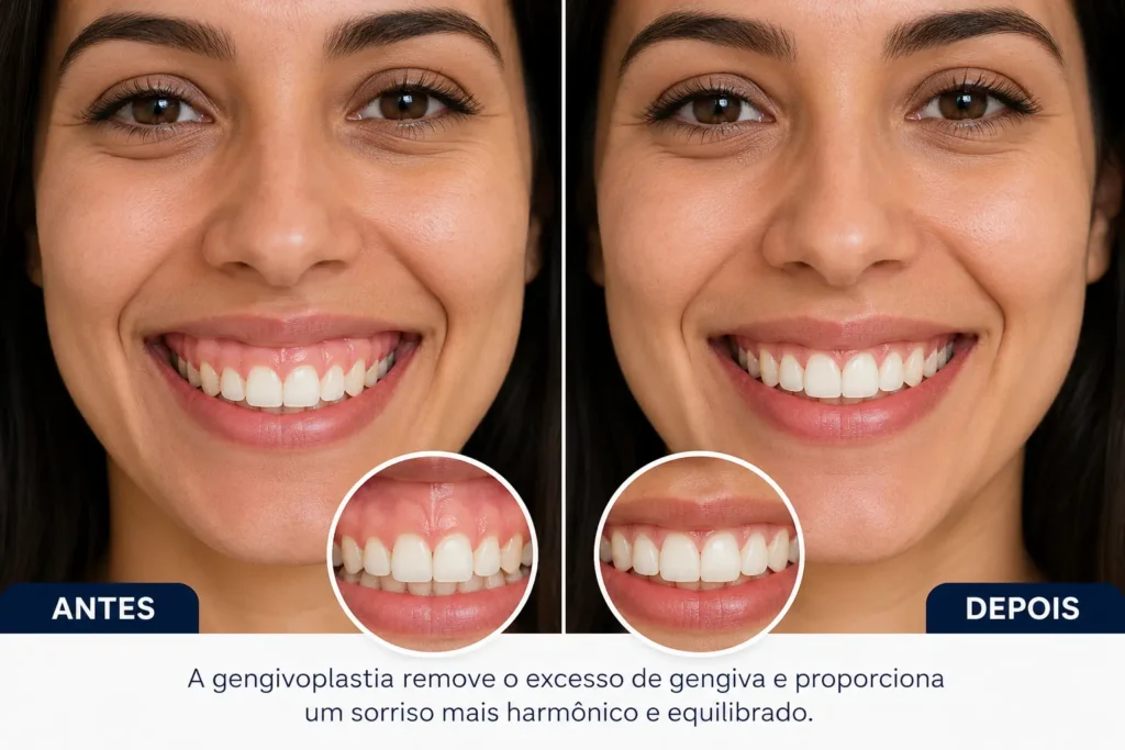 paciente antes e depois de realizar a cirurgia de gengivoplastia