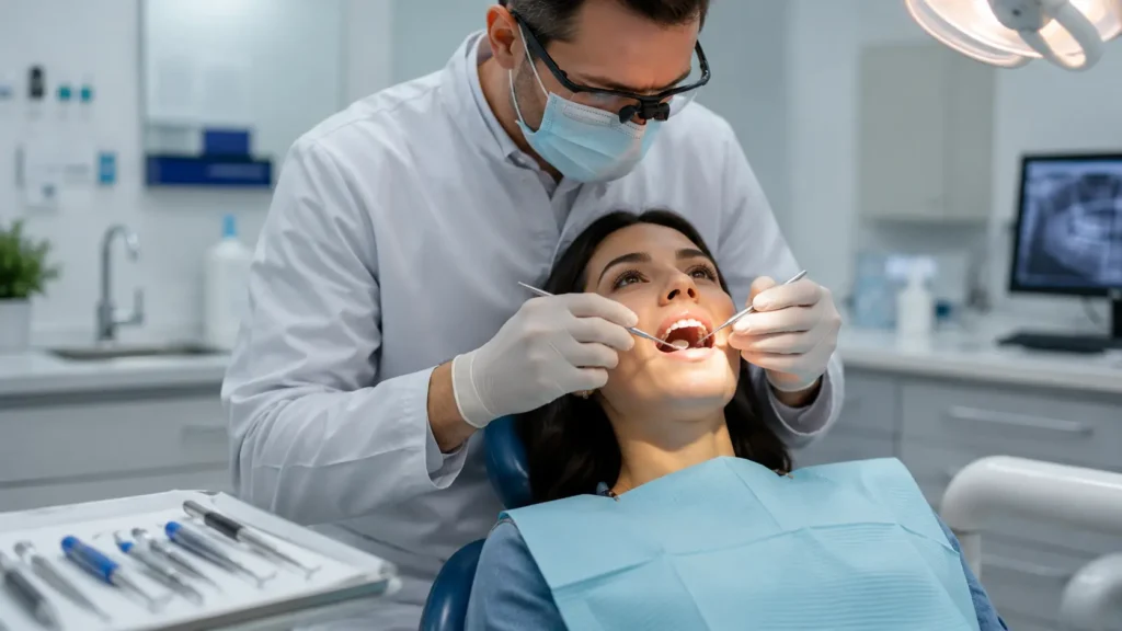 paciente deitada na cadeira enquanto o dentista está fazendo uma análise dentária para definir como será feito o canal no dente