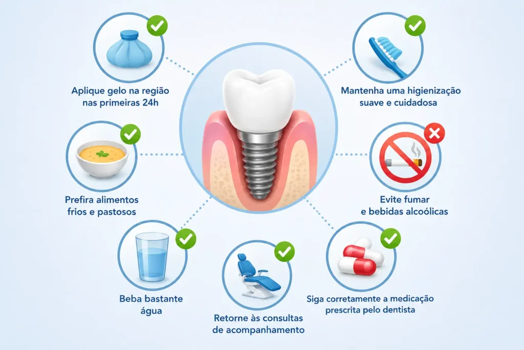 lista e indicação dos principais cuidados que o paciente precisa ter após realizar o procedimento de implante dentário