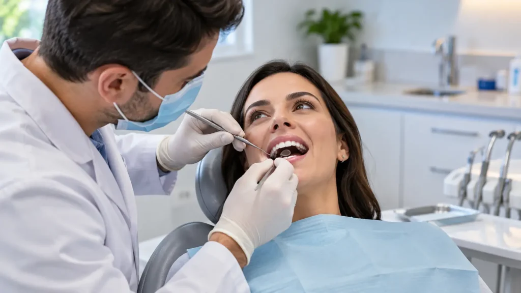 paciente passando por uma avaliação com um dentista após sentir sensibilidade nos dentes