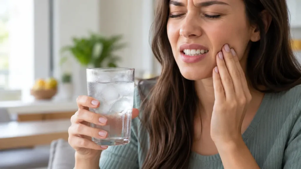 pessoa com um copo de água gelada na mão e colocando as mãos na bochecha após sentir uma forte sensibilidade em seus dentes