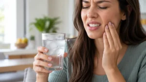 pessoa com um copo de água gelada na mão e colocando as mãos na bochecha após sentir uma forte sensibilidade em seus dentes