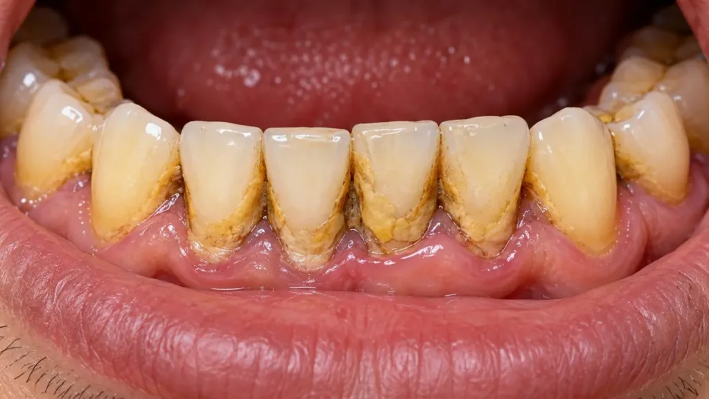 boca aberta de um paciente e com tártaros em seus dentes de baixo