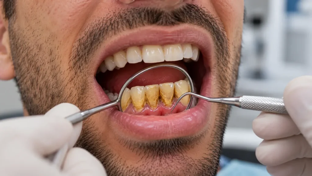 dentista avaliando o tártaro na boca de um paciente